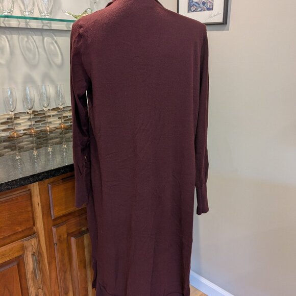 Classic Nine West Long Duster Cardigan Sweater Plum Burgundy Open Front Pockets - Picture 4 of 4